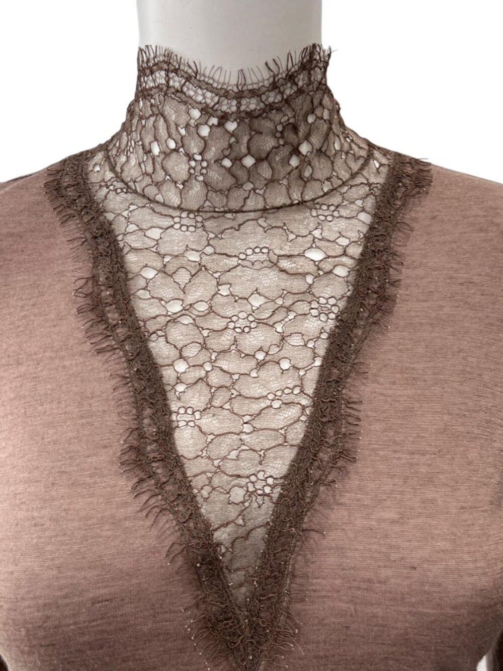 $890 Akris Brown Lace Turtleneck Slim Blouse Shirt size 6/FR 38 - Picture 2 of 10